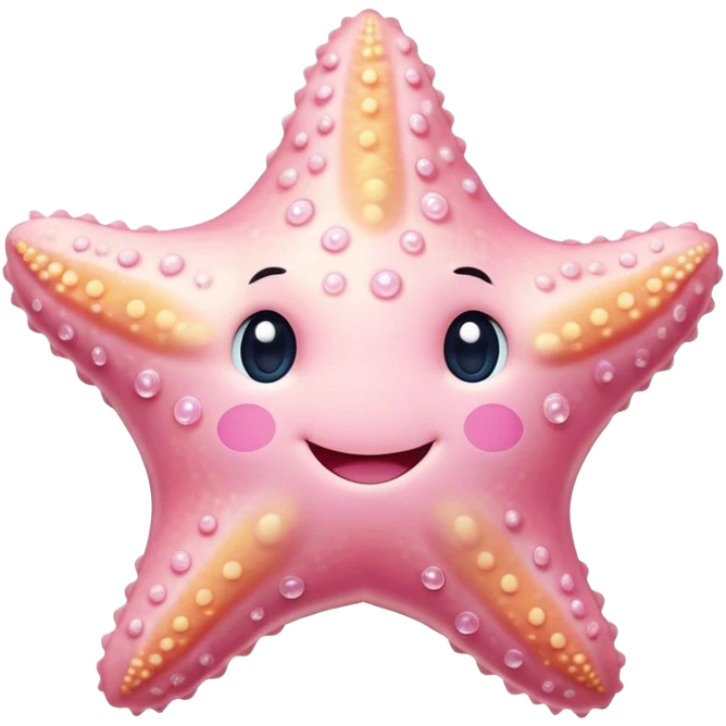 Cinematic cute round starfish, pastel pink, soft bumpy texture, tiny happy face, slightly tilted, glowing warmly, sparkling with gentle ocean magic. emoji