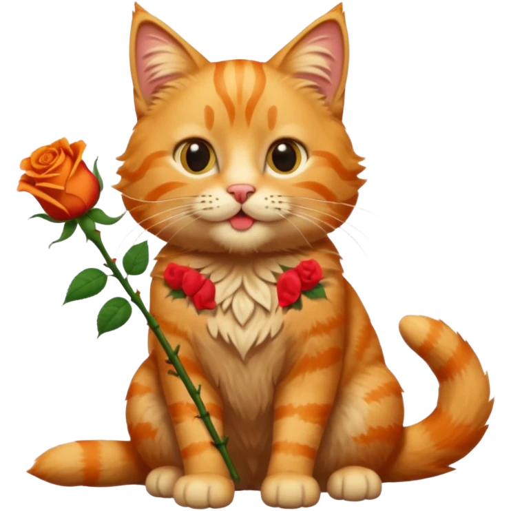 A fluffy, orange tabby cat fuul body, having a rose in it's mouth, and looked like he came from outside. emoji
