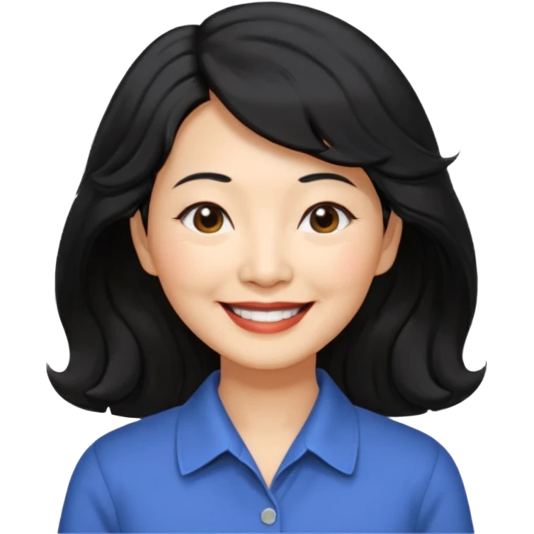 60 yr old asian woman, wavy thick black hair past shoulder length, side part, side swept bang, big smile, collared shirt emoji