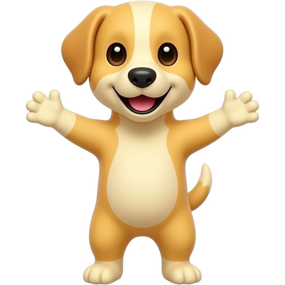 A completely light yellow dog, standing up with legs and arms open like a little person, looking at us with a very happy expression. Its body is completely light yellow. emoji