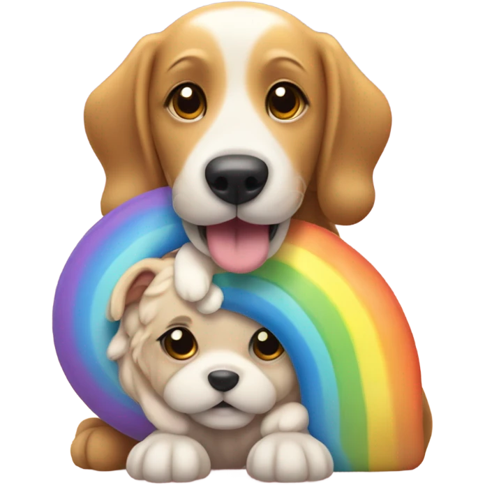 A rainbow dog holding hands and hugging with another dog with candy and sunshine emoji