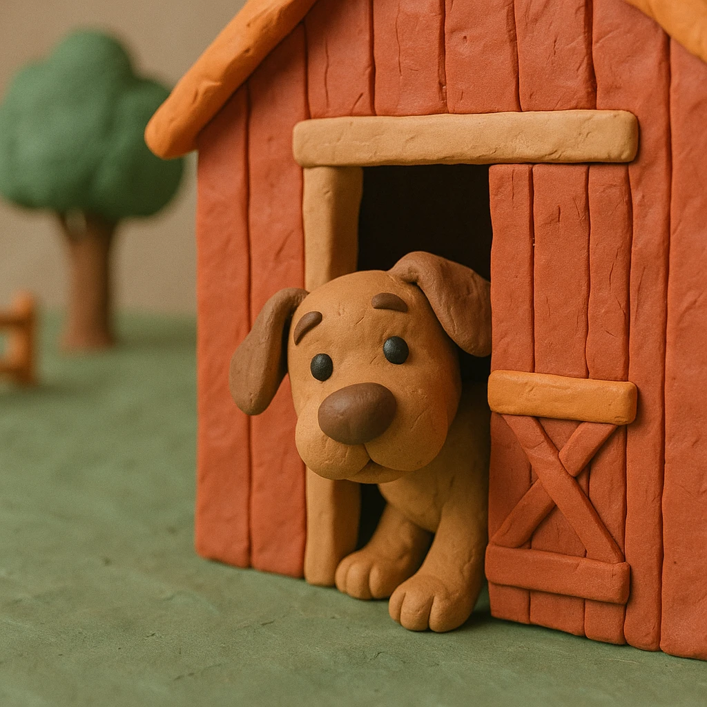 dog peeking out of a barn door, playful and cute, hand-molded details, claymation style emoji