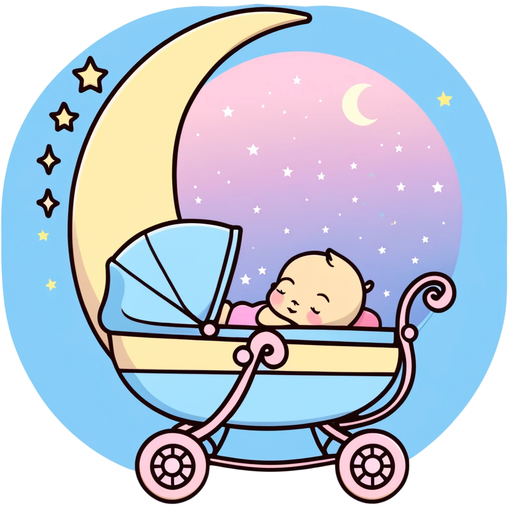 sleeping baby in pink and beige stroller under a crescent moon with sparkling stars and pastel blue clouds emoji