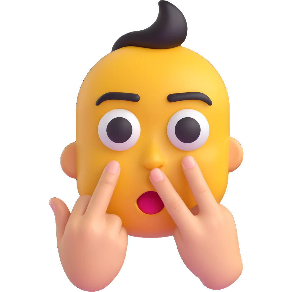 3D emoji of a face with raised eyebrows and finger over mouth, signaling silence emoji