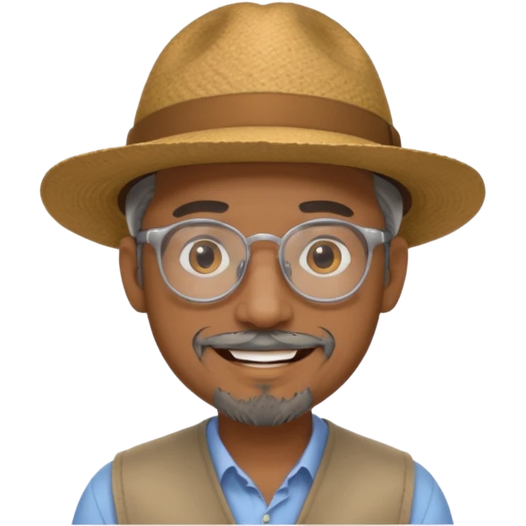 Brown man smiling not showing teeth, wide rimmed hat, clear glasses, gray goatee emoji