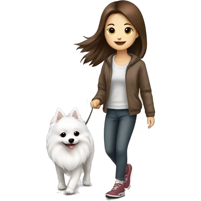 Japanese spitz dog walk with brown hair girl emoji