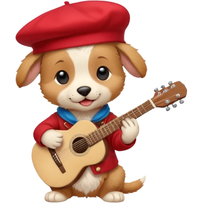 Steampunk:a very cute and adorable anthropomorphic puppy with a red beret is playing an acoustic guitar emoji