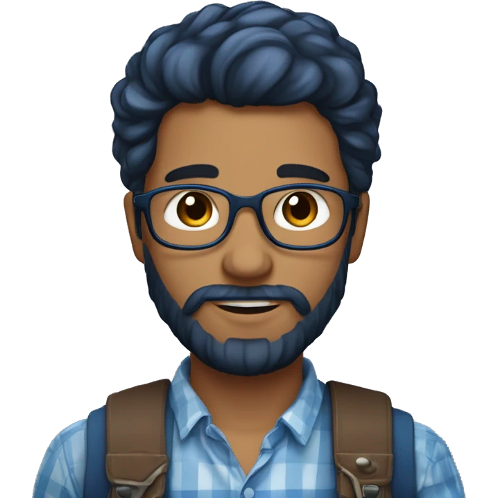 Un jeune homme avec une barbe légèrement fournie, des cheveux courts bruns et un regard confiant, vêtu d'une chemise à carreaux bleu marine. emoji