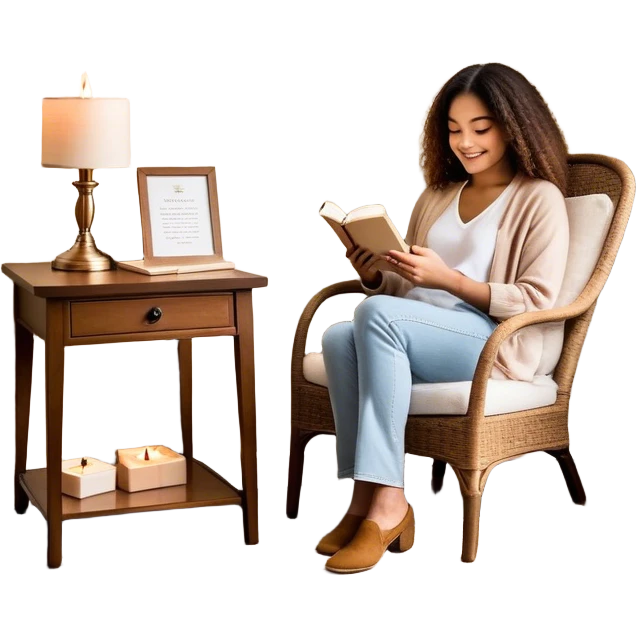 A person sits mindfully in a chair, a gratitude journal nearby, and a phone turned off. A bird chirps outside, a scented candle burns, and a small hidden gift bag peeks from under the table. A framed quote says, "Be Kind to Yourself," while they share a smile with someone. emoji
