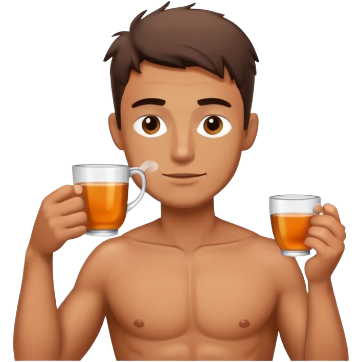 A sweaty shirtless man drinking tea emoji