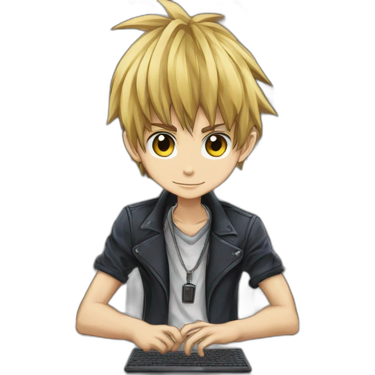 developer behind his laptop with this style :  yu-gi-oh manga anime with hacker themed character emoji