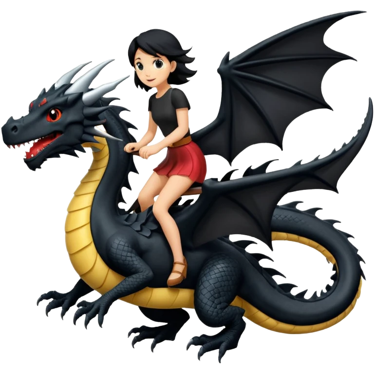 Super large black dragon flying with a  female rider on top of it emoji