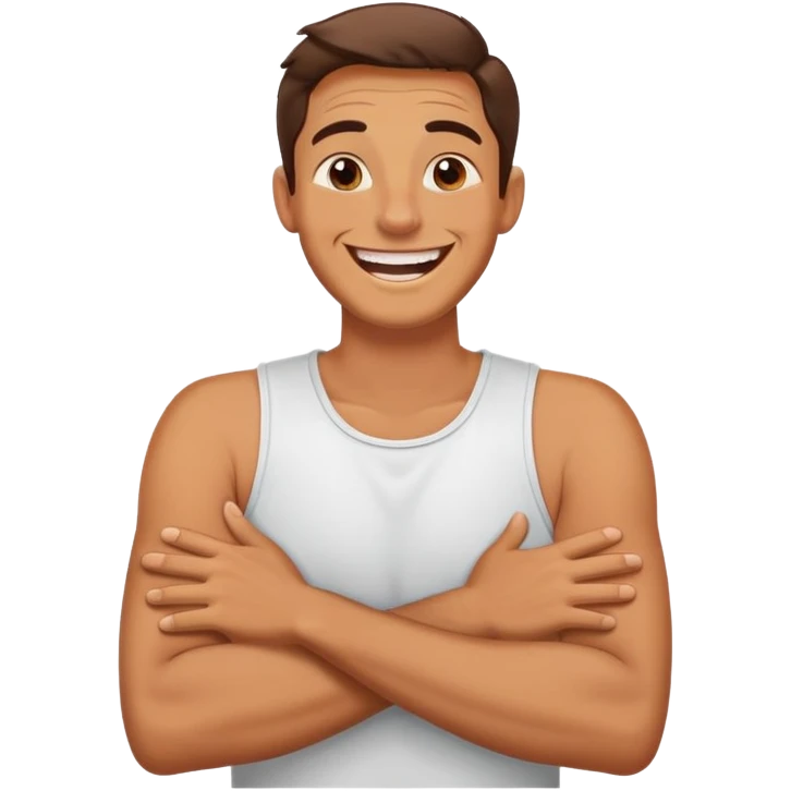 Laughing man hands crossed around neck  emoji