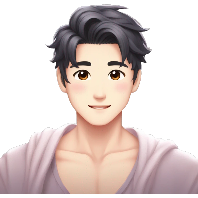Gorgeous bright sparkly romantic Asian anime gentle man with blushing face aesthetic trending style outside emoji