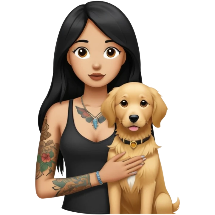 brown girl with long black  straight hair with  tattoos on the chest and  a golden retriever emoji