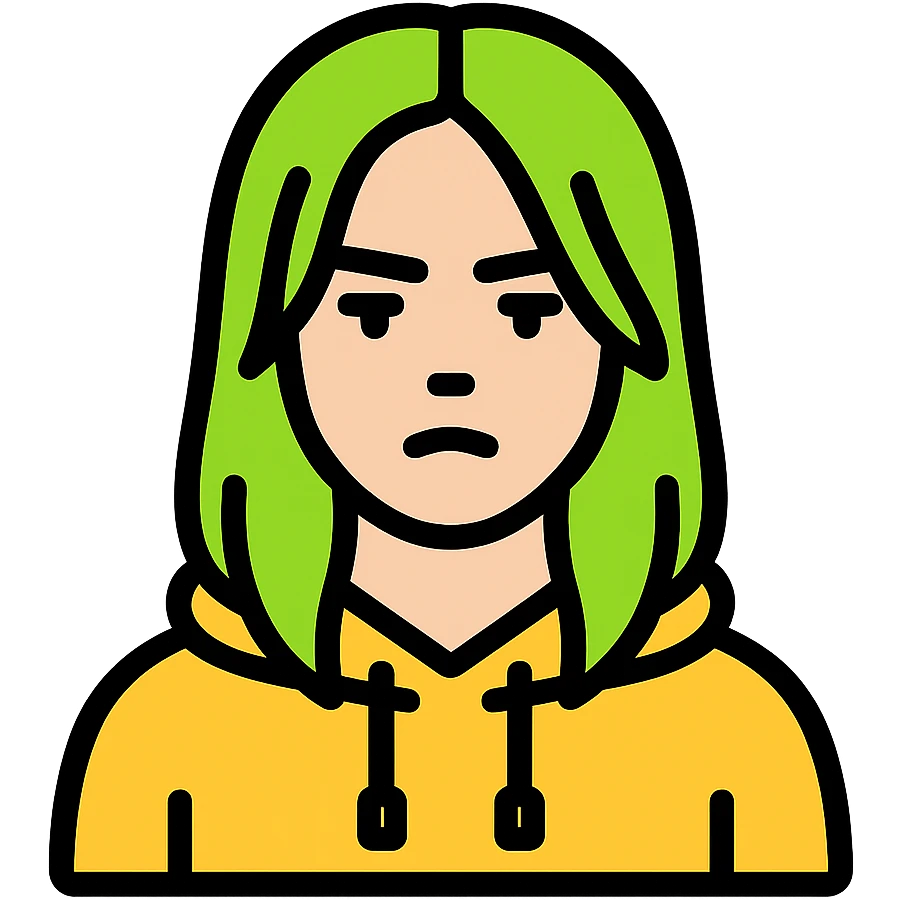 minimalist icon of Billie Eilish with neon green highlights, hoodie, subtle attitude emoji