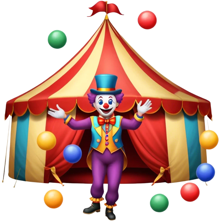 Icon for Circus Arts: a circus tent with a performer juggling colorful balls, a unicyclist, and a clown. The icon should convey the excitement and fun of circus performances, with emphasis on skill, acrobatics, and entertainment. Transparent background. emoji