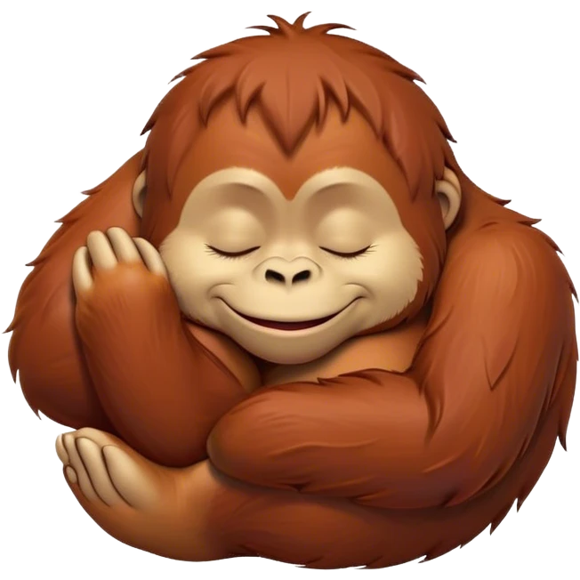 Meme-Worthy cute Sleeping Orangutan Portrait Emoji, Head resting peacefully with a contented smile, showcasing luxuriously soft fur and eyes gently closed in serene slumber, Simplified yet comically adorable features, highly detailed, glowing with a soft, drowsy jungle light, high shine, relaxed and utterly lovable, stylized with an air of playful laziness, bright and heartwarming, soft glowing outline, capturing the essence of a sleeping orangutan that feels destined to become the next viral icon of adorable rest! emoji