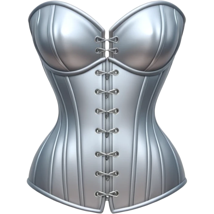 A luxury corset emoji made of silver chrome, smooth metallic curves, minimal fashion silhouette, glossy reflections, sensual high-end aesthetic, iOS emoji style, centered, clean white background emoji