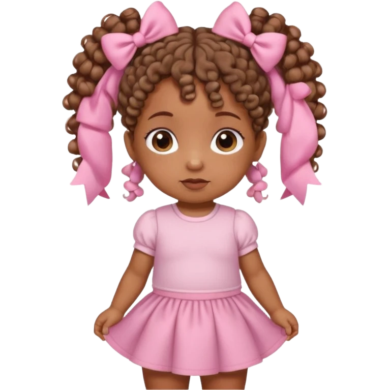 a brown skin baby with curly hair and a baby pink skirt and baby pink bows with her hair in pigtails emoji