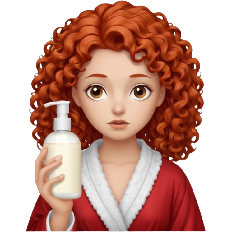 Cartoon emoji of a girl with voluminous curly red hair, fair skin, brown eyes. Wearing a chic milky silk robe with long sleeves, no makeup. Portrait mode, holding 2 moisterizers or different skin care products, looking super doubtful twisted and unsure. she is miserab;e emoji