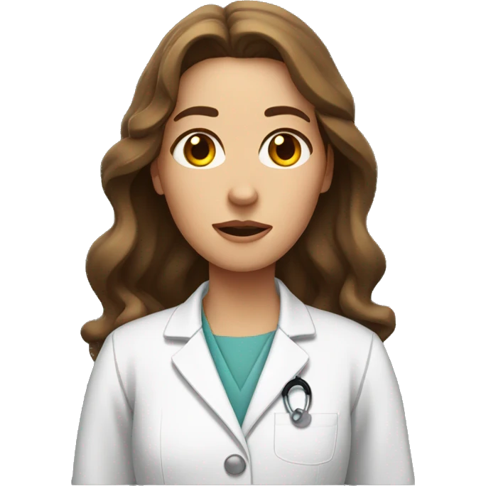 Women with surprised face with wavy long brown hair, with small brown eyes and very high eyebrows , wearing lab coat  emoji
