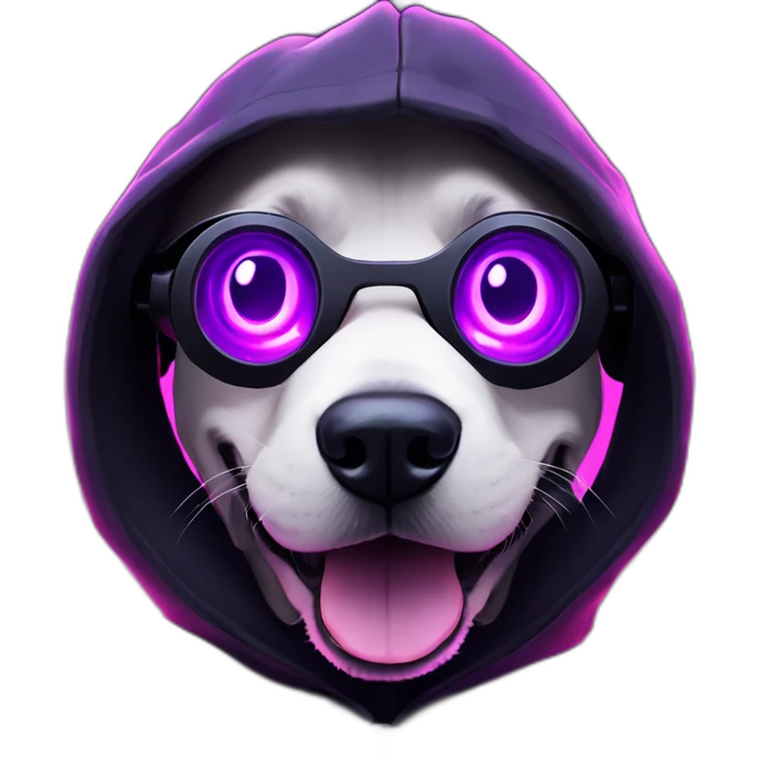funny dog wearing a black hoodie with "OMG" letters on it and VR headset in a cyberpunk VR environment with violet neon lighting. emoji