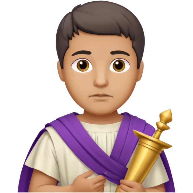 An emoji portrait of a Roman nobleman. He wears a white toga with a purple border. He has a serious, dignified expression and holds a scroll. emoji