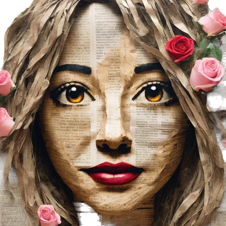 Person face portrait made entirely of newspaper cuttings and roses emoji