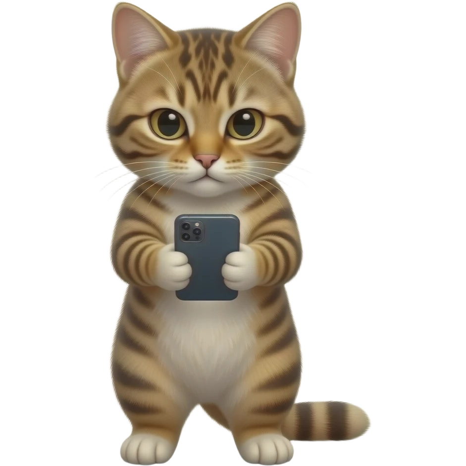 Glossy 3D rendered realistic cat standing upright on two legs, detailed fur and features, front-facing, eyes and head directed downward toward a smartphone held in its paws, soft shading, white background emoji