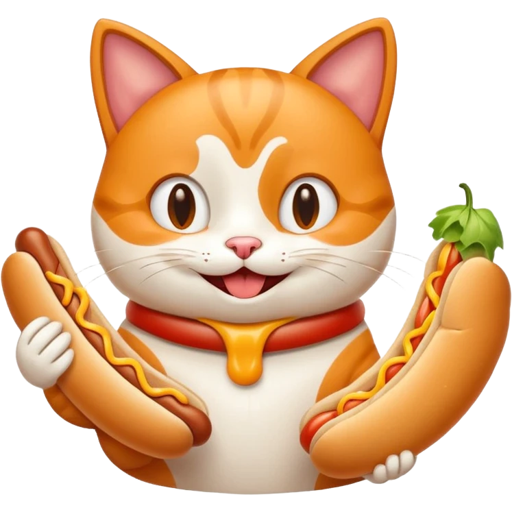 A cartoon cat holding one hot dog and eating it emoji