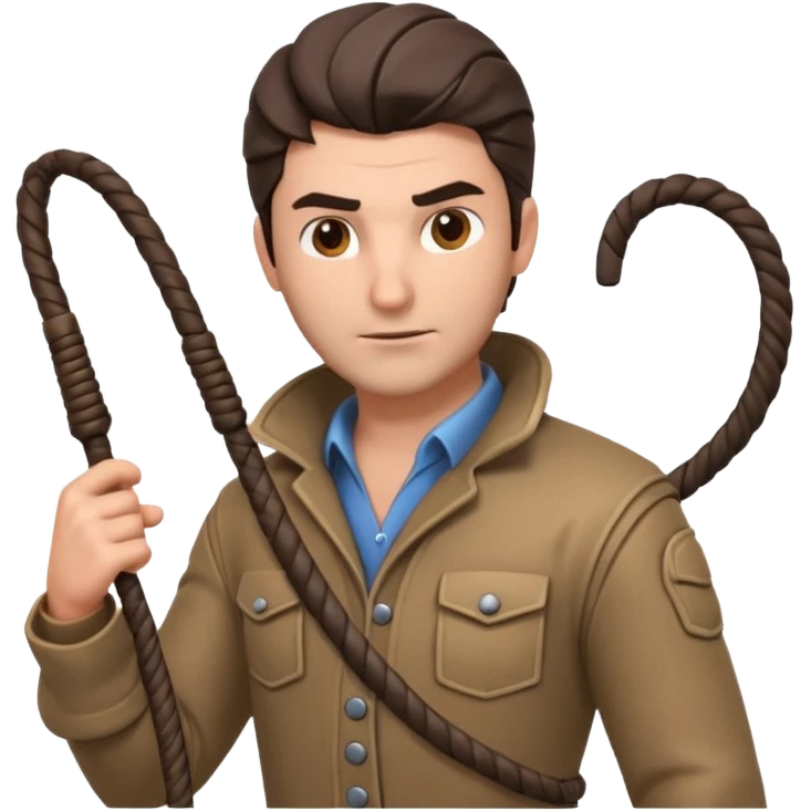 man with a whip portrait, head and shoulders only, whip coiled on shoulder, rugged outfit, confident look, 3D cartoon, mobile game icon style, clean background, no text, no watermark
 emoji