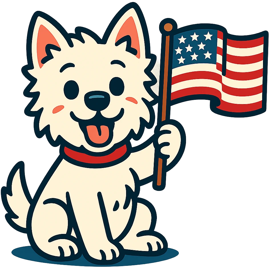 cute cheerful West Highland White Terrier holding and waving an American flag, vibrant toon style emoji