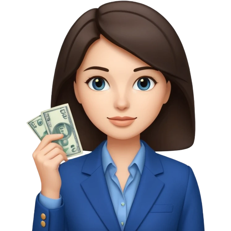 brunet Woman wearing blue suit holding dolar emoji
