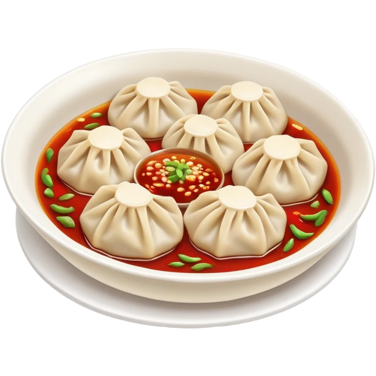 Chongqing Zhong Dumplings with red chili oil sauce, simplified emoji style with bold outlines and bright colors, cartoon style Sichuan spicy boiled dumplings emoji