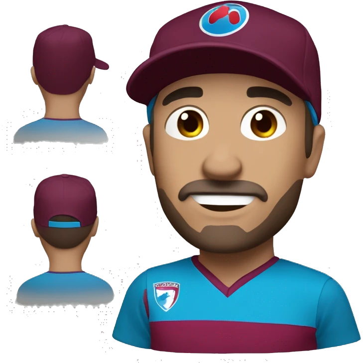 create en emoji , A man in his 30s wearing a maroon and blue Trabzonspor jersey. He has a maroon and blue coloured sport cap on his head and a slight smile on his face. emoji