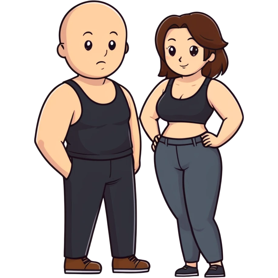  One Caucasia woman with brown hair and big boobs,  a black tank top and pants with her hand in the pants of a bald man emoji