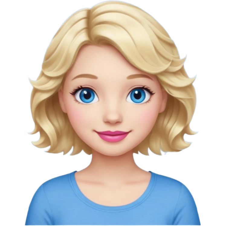 Girl Blonde short wavy hair,  blue eyes, cute blue top, long lashes, pink lips, smiling, 👍🏻 emoji