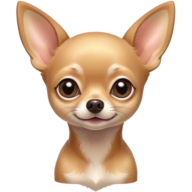 Cinematic Cute Fawn Short Haired Chihuahua Portrait Emoji, Head tilted playfully and inquisitively, smooth fawn fur with a healthy sheen, round, sparkling dark eyes filled with curiosity, Simplified yet irresistibly adorable features, highly detailed, glowing with a warm, friendly glow, high shine, affectionate and lively, stylized with a touch of whimsy, bright and endearing, soft glowing outline, capturing the essence of a mischievous yet loving pup, so playful it feels like it could bound out of the screen and into your arms! emoji