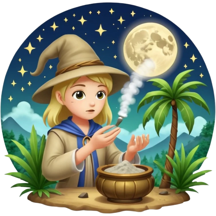forest alchemist blowing moon dust from palm like spell powder emoji