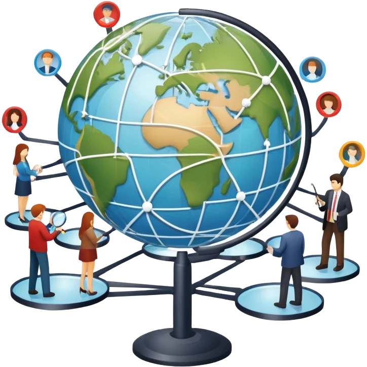 An icon featuring a group of people, a network diagram, and a magnifying glass, symbolizing sociology. The design includes a globe and interconnected lines, representing social structures and relationships. Transparent background highlights the study of societies and human behavior. emoji