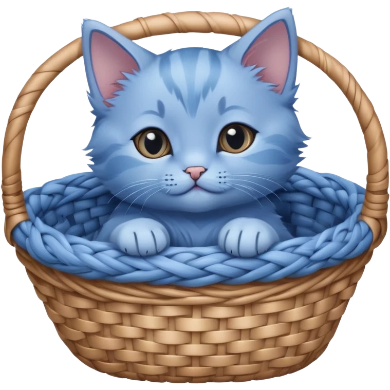 Close-up of a blue kitten lying in a basket, with no details. Minimalist design, focusing on the kitten's simple and cute form in the basket. emoji