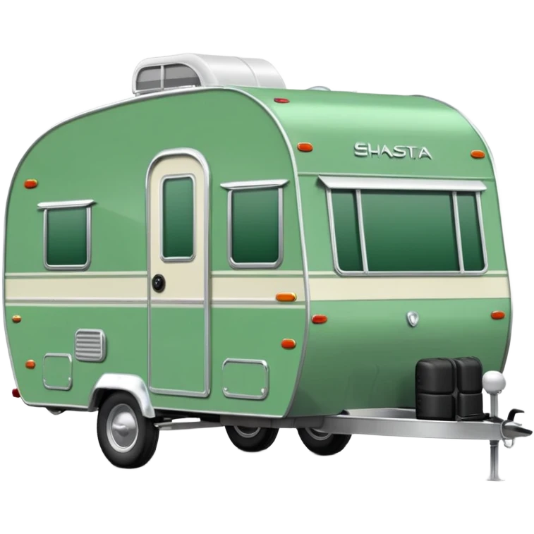 Shasta travel trailer, single axle, colored all green, the same green shade as movie trailer green preview card, light grey tires and grey hitch emoji
