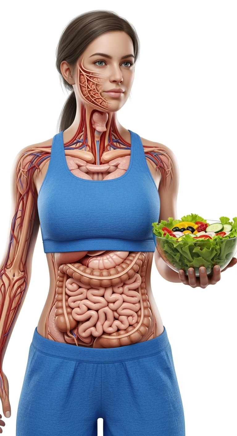 DONNA CON INTESTINO ANATOMICO IN EVIDENZA E BOWL DI INSALATA IN MANO, iperrealistico 4k, ISOLATA SU SFONDO BIANCO emoji