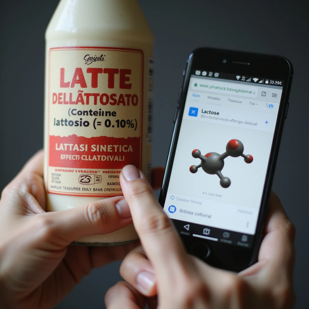 extreme close-up of a product label with 'LATTE DELATTOSATO (contiene lattosio <0.1%)' highlighted in red, a man's finger pointing at the label, phone screen showing a Google search for 'Lattasi sintetica effetti collaterali', and a lactose molecule floating ominously, hyper-realistic emoji