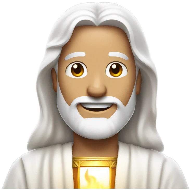 Jesus smiling with flame emojis over his eyes and white hair and white beard. White robe and simple golden sash emoji