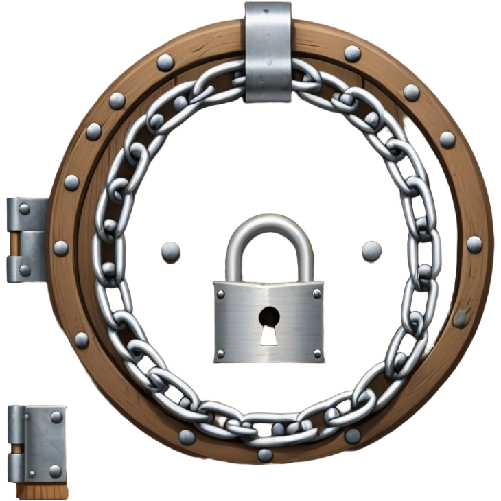 A heavy metal chain wrapped around a round wooden door with a padlock securing it emoji