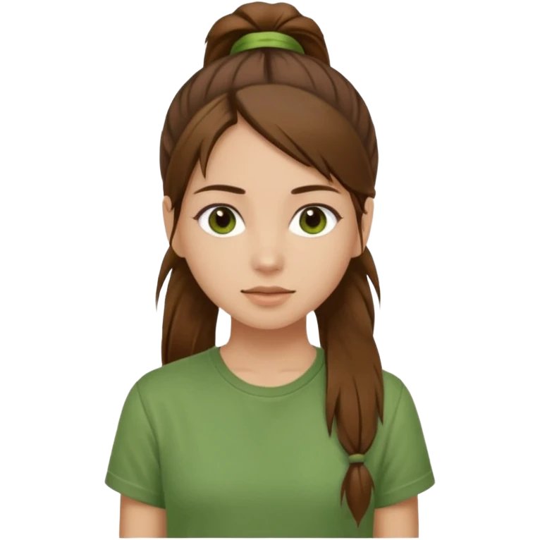 Make a zumba coach emoji, brown eyes, brown hair girl, green shirt withe "the roots" on it, longer pony tail hair emoji