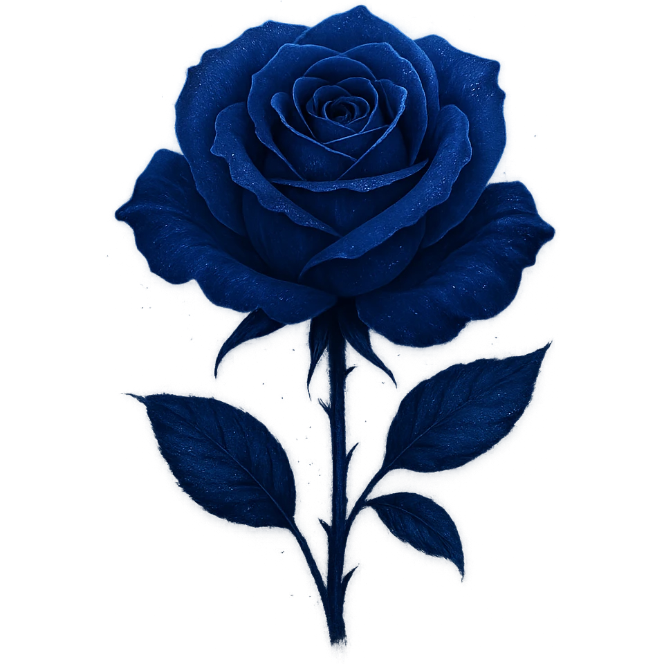 a midnight rose in deep blue, adorned with subtle silver accents and a soft, ethereal glow emoji