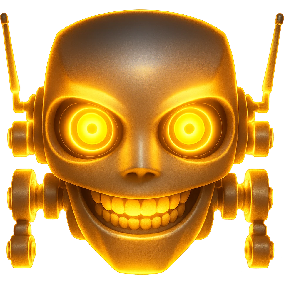 Add glowing effects to the emoji of V from Murder Drones, especially around her yellow eyes and robotic features. Keep the background transparent. The style should maintain the original emoji look with emphasis on glowing highlights around the eyes and robotic parts. emoji